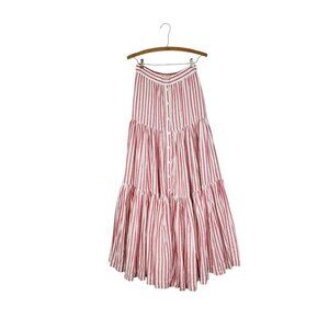 Wiggy Kit Peasant Skirt Tiered Maxi Button Up Adjustable Red White Stripe Small